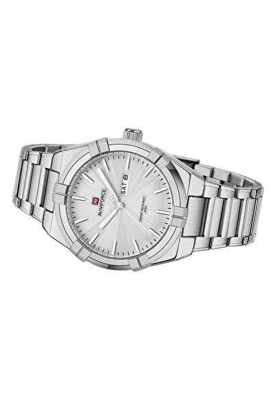 Naviforce Men Classic Stainless Steel Watch with White Dial Date Display and Water Resistance