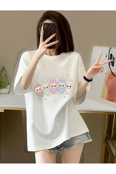 DEEFWEAR White Labubu Cutes Collage Printed Unisex Oversize Tshirt