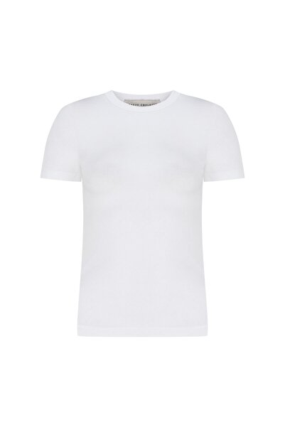 Beauty Omelette Beyaz Ribli Bisiklet Yaka Fitted Tshirt