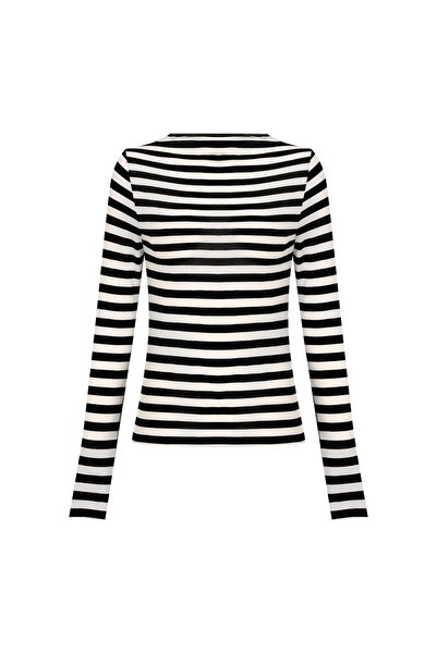 Beauty Omelette Siyah Çizgili %100 Yün Dik Yaka Tshirt