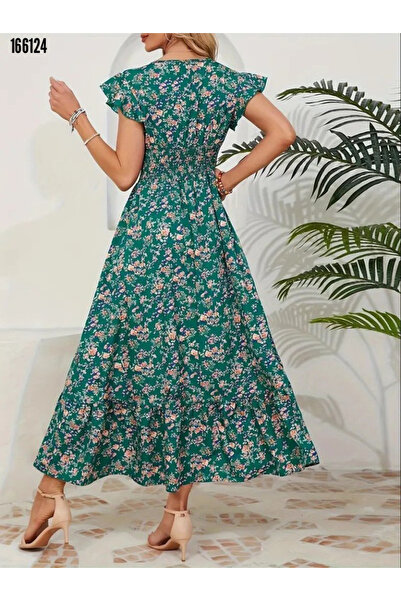 moda wanilia Women's Elastic Waist Floral Patterned Double Breasted Collar Single Breasted Dress