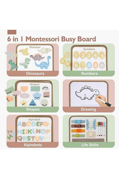 Micostore Busy Board Montessori, Portable Sensory Book with Educational and Interactive Activities, Dinosaurs