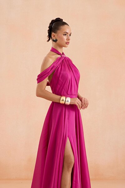 Carmen Fuşya Sırt Dekolteli Yırtmaçlı Şifon Abiye Elbise