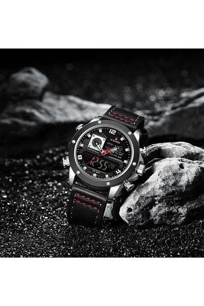 Naviforce Stylish Mens Dual Time Chronograph Watch with Black Dial Leather Strap