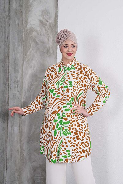 Polologin Butik Set tunică verde-maro și pantaloni albi