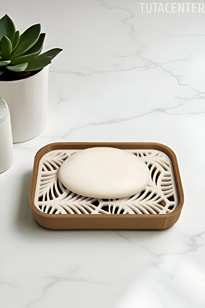 TUTACENTER Palmiye Yaprağı Desenli Plastik Sabunluk – Açık Kahverengi Beyaz R...