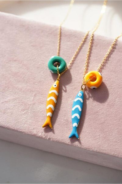 AŞIK ACCESSORIES Stainless Steel Evil Eye Colored Fish Necklace