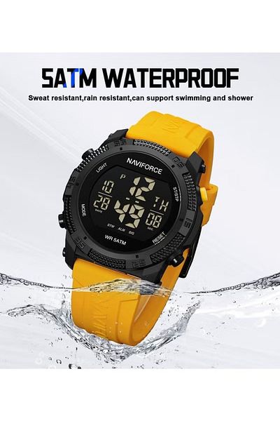 Naviforce Stylish Mens Digital Sports Watch with Black Dial Yellow Silicone Strap Water Resistant