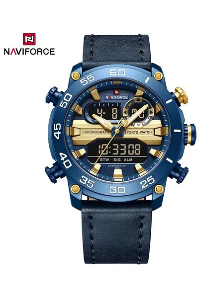 Naviforce Rugged Sports Chronograph Watch for Men with Dual Display Leather Strap