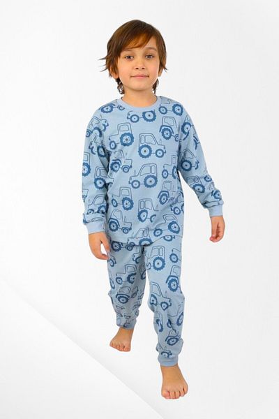 Pajama Shop Boy's 100% Cotton Blue Tractor Pattern Long Sleeve Winter Pajamas Set