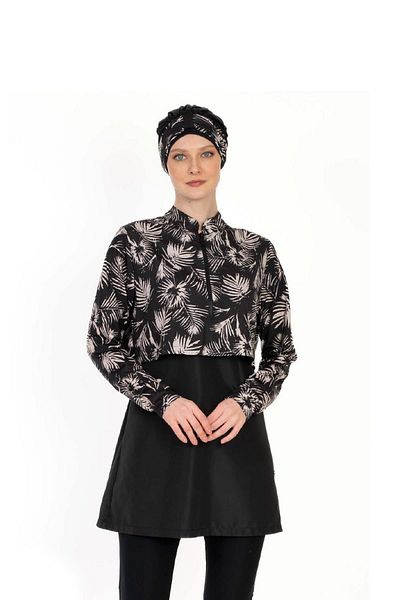 allsea Black Leaf Patterned Full Covered Hijab Swimsuit – Half Zipper C6T3N06