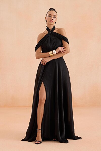 Carmen Siyah Sırt Dekolteli Yırtmaçlı Şifon Abiye Elbise