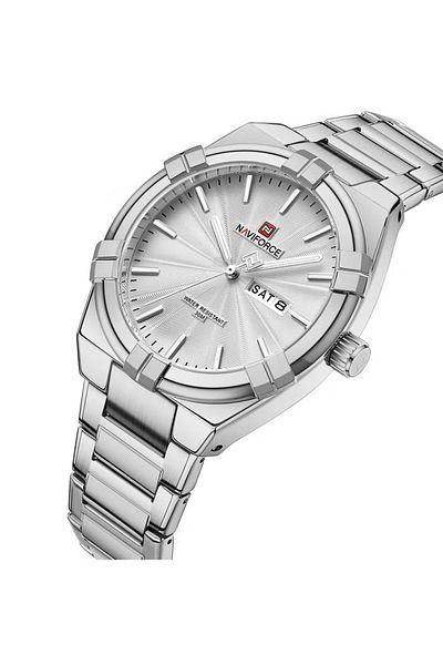 Naviforce Men Classic Stainless Steel Watch with White Dial Date Display and Water Resistance