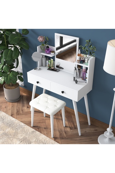 Rani Mobilya Rani BJ159 Aynalı Kulis Makyaj Tuvalet Masası 2 Çekmeceli Raflı Takı Düzenleyici Puf Takım Beyaz