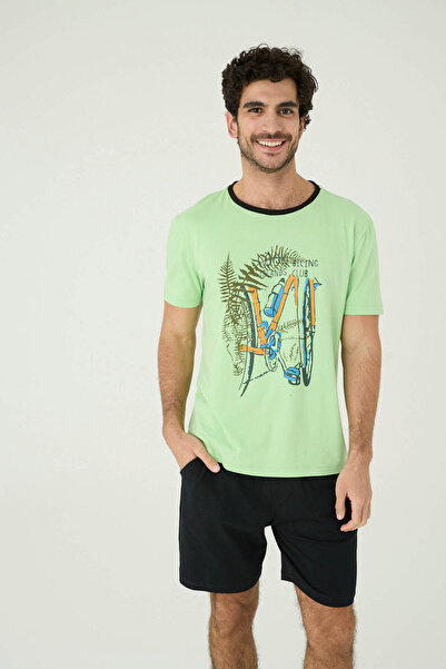 İPEKTENİM Чоловічий піжамний комплект з шортами та сорочкою з принтом змішаної природи