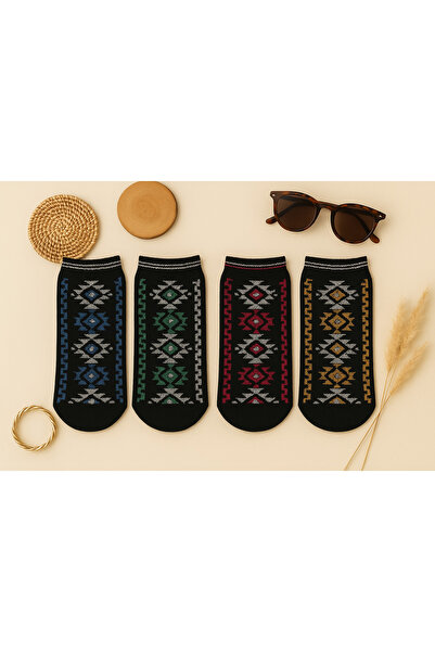 Black Arden Socks Kadın Etnik Kilim Desenli Bilek Boy Renkli Çorap 4’lü Paket...