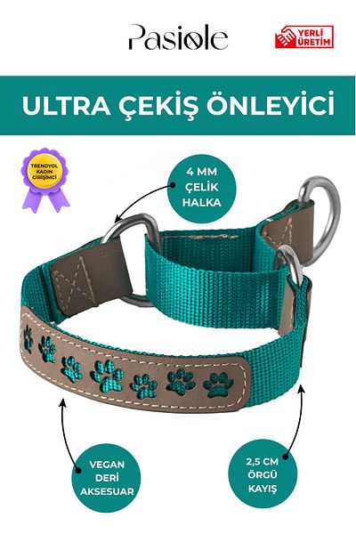pasiole Anti-Traction Leash Choke |   Leather Front Face with Paw Print Detail |   Dog Collar