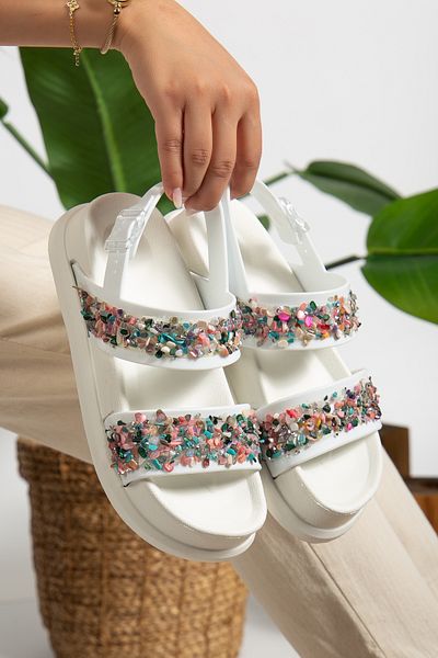 PLN SHOES Sandale Eva ortopedice cu talpă confortabilă pentru femei, cu bandă dublă, din piatră naturală