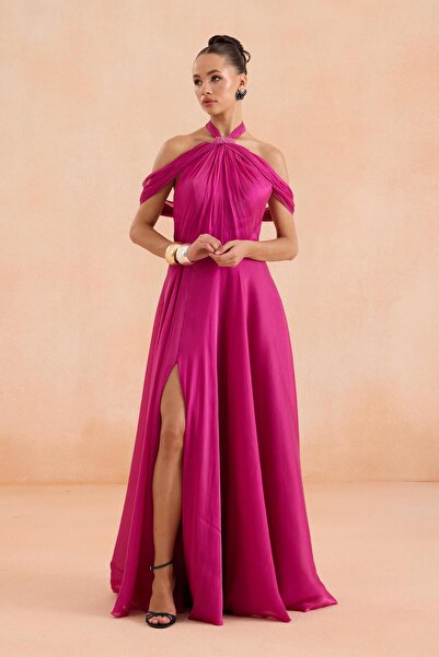 Carmen Fuşya Sırt Dekolteli Yırtmaçlı Şifon Abiye Elbise