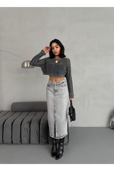 XBELLA DENİM Women's Maxi Size Denim Skirt Front Slit Detail Long
