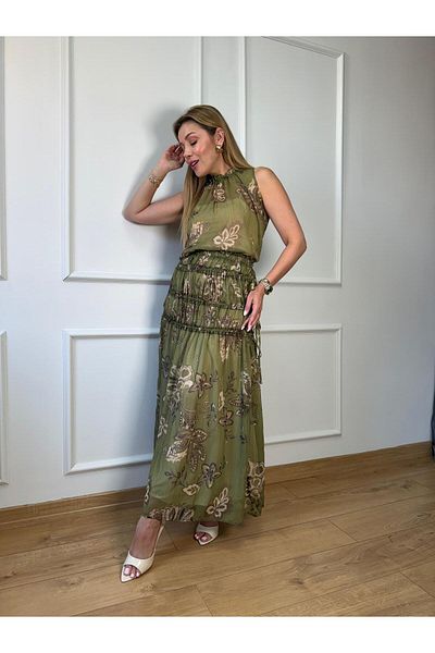 Size Özgü Green Floral Patterned Drawstring Suit Jumpsuit