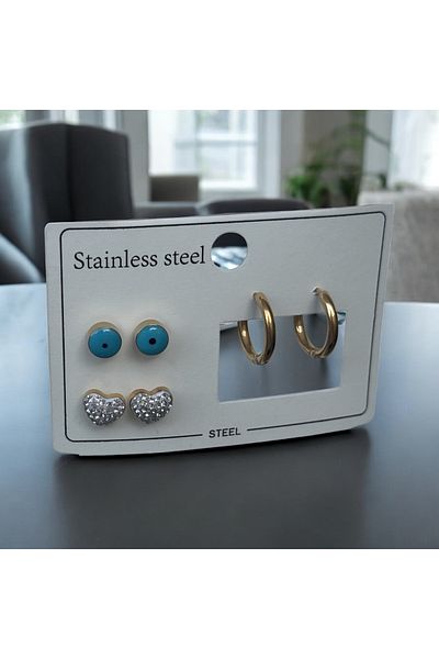 İNN JEWELLERY Steel Earrings Anti-Tarnish Antiallergic 3-Piece Figured (2 Years Importor Warranty)