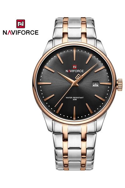 Naviforce Elegant Silver Stainless Steel Analog Wrist Watch for Men with Date Display Water Resistant