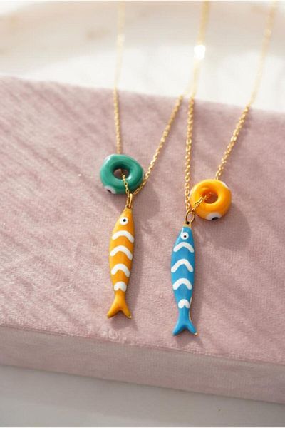 AŞIK ACCESSORIES Stainless Steel Evil Eye Colored Fish Necklace