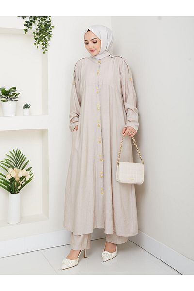 HARMAN BUTİK Women's Buttoned Strawberry Fabric Beige Double Suit