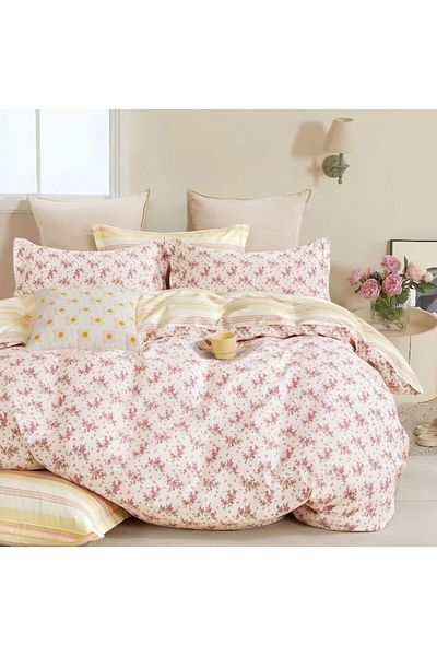 Pucioasa Double percale bed linen 6 pieces 100% cotton with pink flowers, duvet cover sheet 200x230cm
