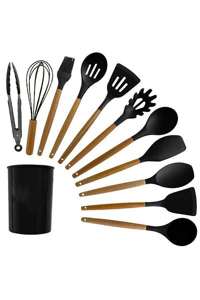 Welora Set of 12 silicone and wooden kitchen utensils with glass holder - Black