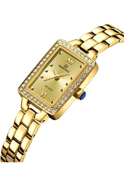 Naviforce Women's Luxury Gold Rectangular Watch – Elegant Analog, Stainless Steel, Crystal Bezel, Waterproof