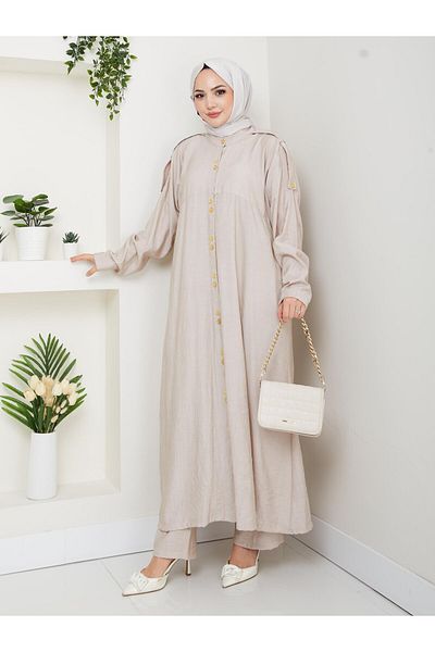 HARMAN BUTİK Women's Buttoned Strawberry Fabric Beige Double Suit