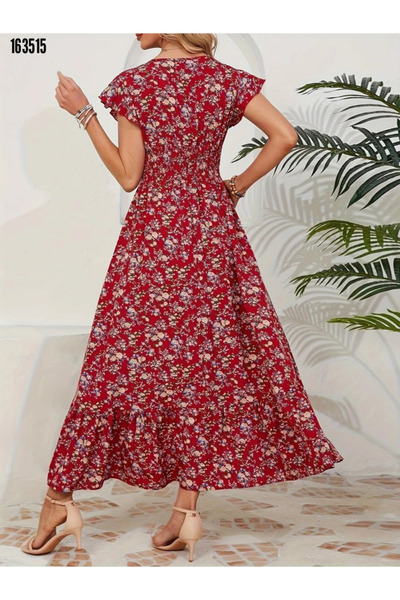 moda wanilia Women's Elastic Waist Floral Patterned Double Breasted Collar Single Breasted Dress