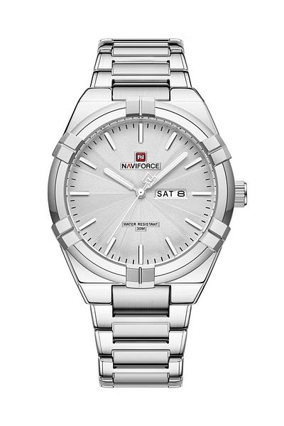 Naviforce Men Classic Stainless Steel Watch with White Dial Date Display and Water Resistance