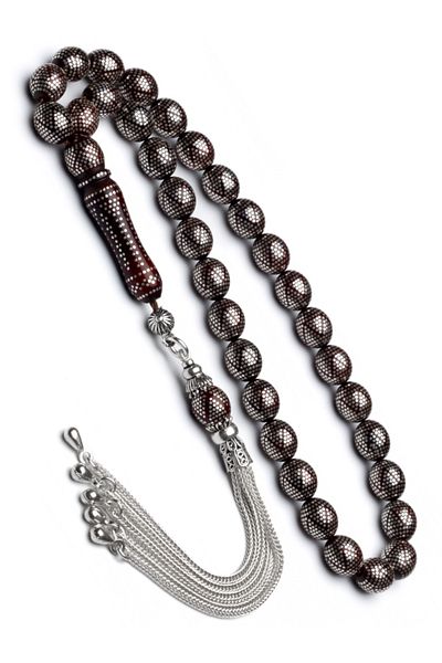 OTTOTESBİH Men's Silver Püksül 8X10Mm Beyzi Cut Dense Silver Embroidered Kuka Tesbih