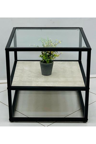 DEC10 Single glass and wood serving table, size 50*50*55