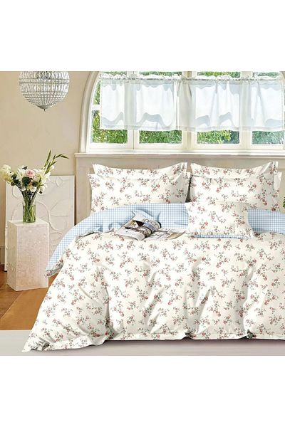 Pucioasa Double percale bed linen 6 pieces 100% cotton blue with flowers, duvet cover sheet 200x230cm