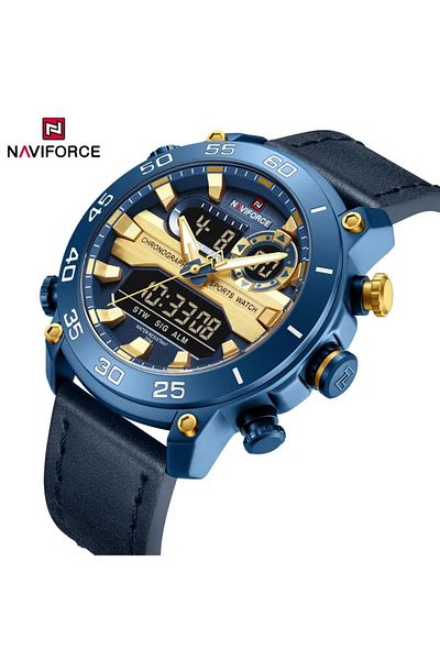 Naviforce Rugged Sports Chronograph Watch for Men with Dual Display Leather Strap