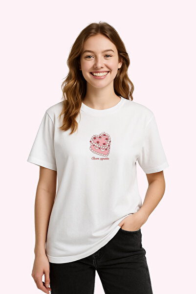 FANA Women's Relaxed Fit Printed T-Shirt - Buon Appetito Slogan Couquette Cak...