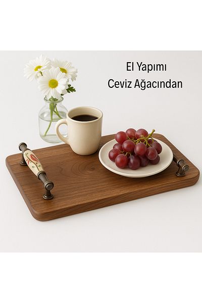 NeFizzDoğa Handmade Wooden Presentation Tray from Walnut Wood – 24X41 cm |   Rustic Serving Tray with Metal Handles