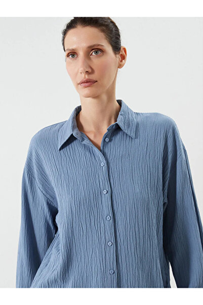 LC Waikiki Lcwaikiki Classic Blue Textured Oversize Women's Shirt