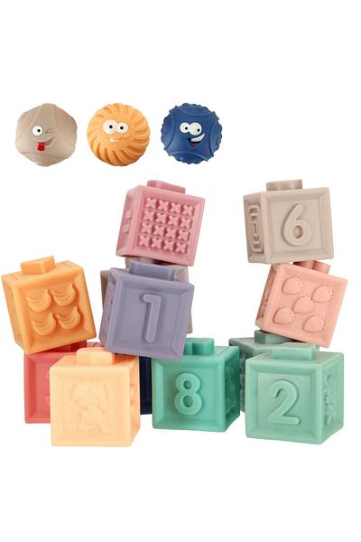 Micostore Set of 15 Sensory Cubes for Babies, Soft Silicone, Textured, 6 Months+