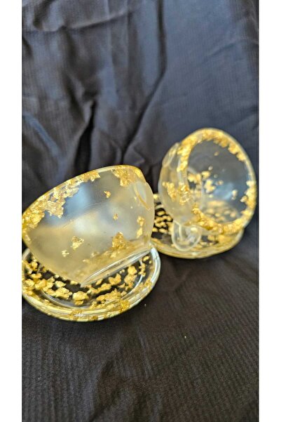 Home El Yapımı Parıltılı Epoksi Fincan Takımı Altın 2'li Bardak Tabak Seti