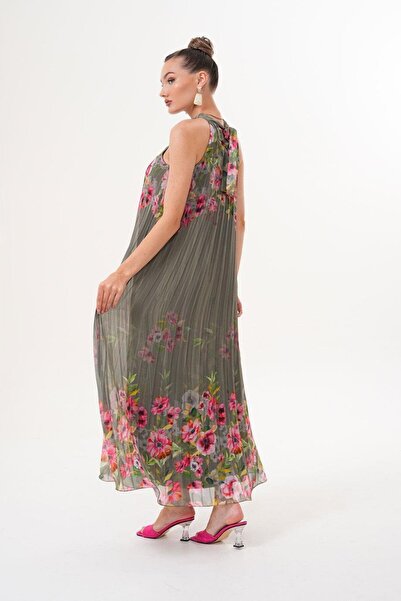 Genel Markalar Halter Yaka Maxi Şifon Piliseli Haki Elbise MCK5064