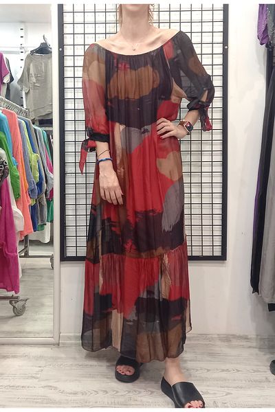 Butik Şans Brush Patterned Italian Dress with Tie Sleeve Detail