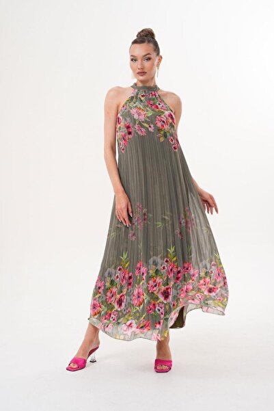Genel Markalar Halter Yaka Maxi Şifon Piliseli Haki Elbise MCK5064