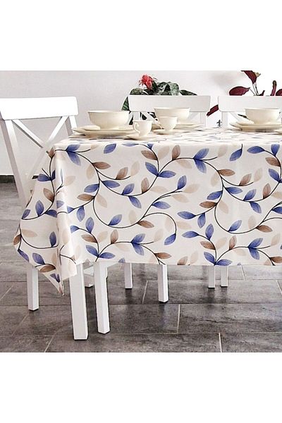 Pucioasa Teflon-coated cotton tablecloth, 140x180cm, Blue and beige leaves