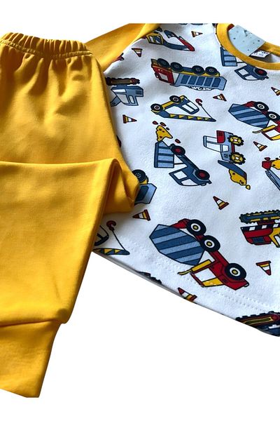 Pajama Shop Boys' 100% Cotton Yellow Color Truck Scoop Mixer Pattern Long Sleeve Winter Pajamas Set