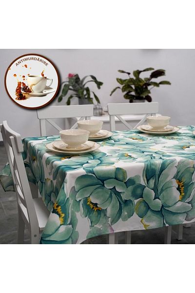 Pucioasa Teflon-coated cotton tablecloth, 140x180cm, green floral pattern